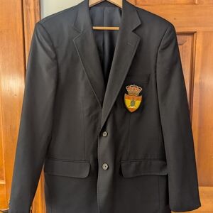 Academia-style Eddie Bauer Classic Black Blazer with Espana Emblem Sz 42